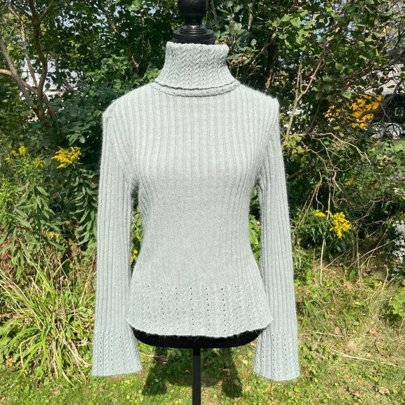 Y2K Vintage Sage Green Turtleneck Sweater | Flare Sleeve | Coquette Sz L Holiday - Picture 2 of 9